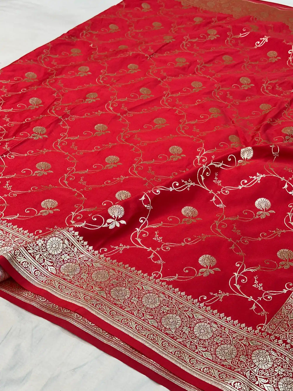 Bridal Red Satin Silk Saree with Rich Texture Design and Classical Pallu