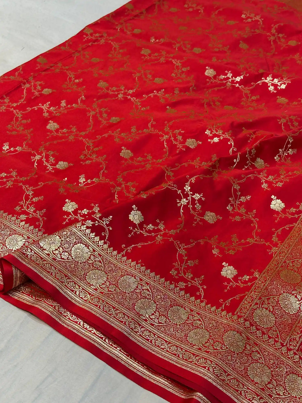 Bridal Red Satin Silk Saree with Rich Texture Design and Classical Pallu