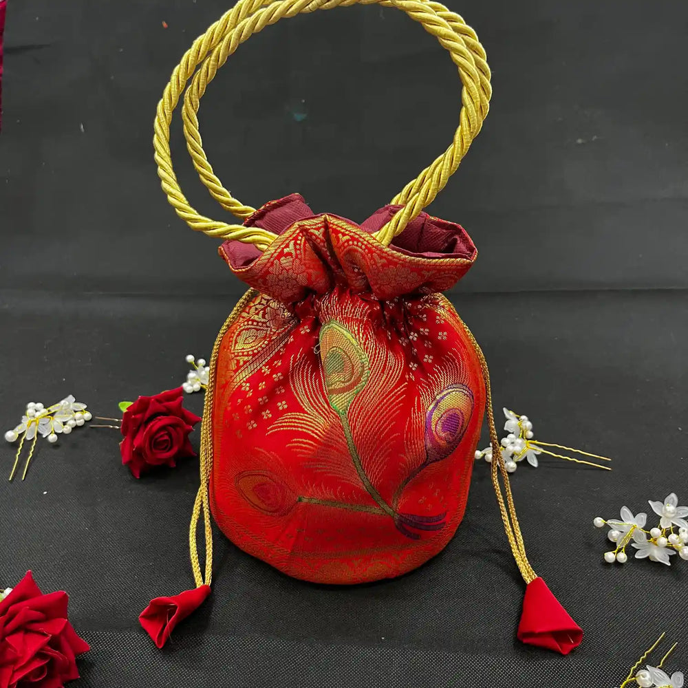 Bridal Red Shade Banarasi Potli Bags 