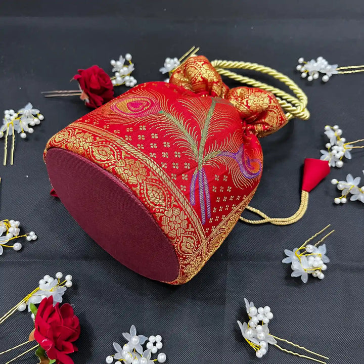 Bridal Red Shade Banarasi Potli Bags 