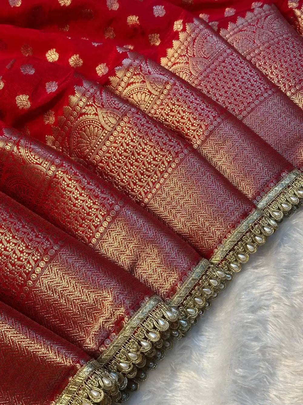Bridal Red Chinia Silk Moti Lace Work Banarasi Saree