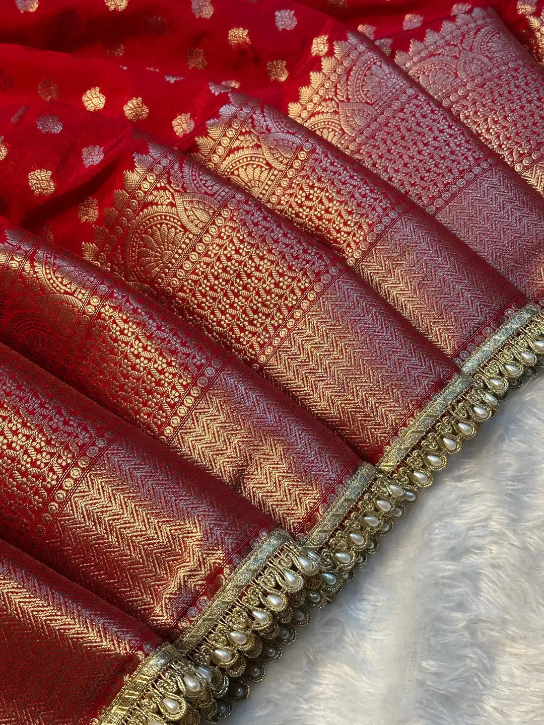 Bridal Red Chinia Silk Moti Lace Work Banarasi Saree