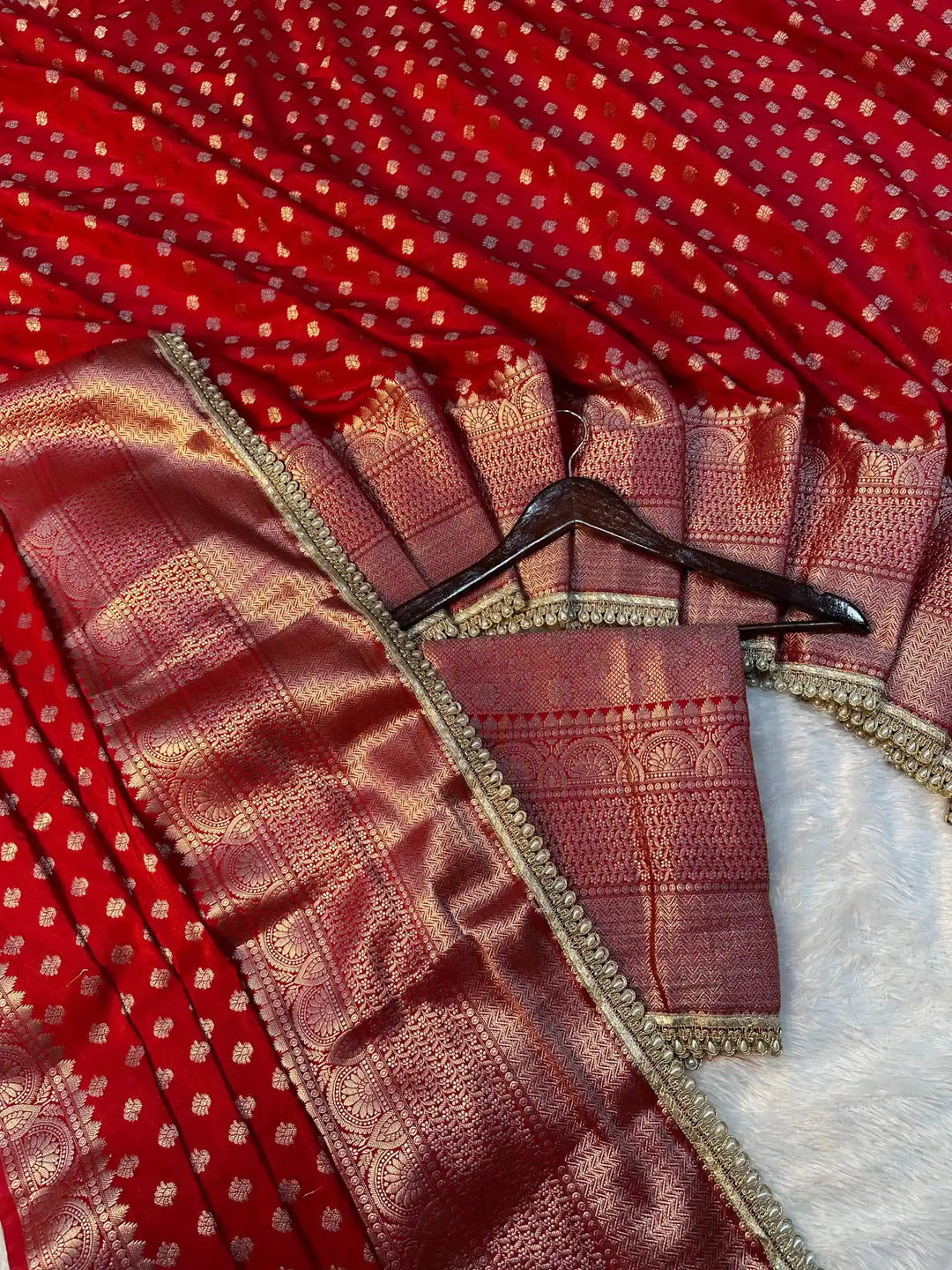 Bridal Red Chinia Silk Moti Lace Work Banarasi Saree