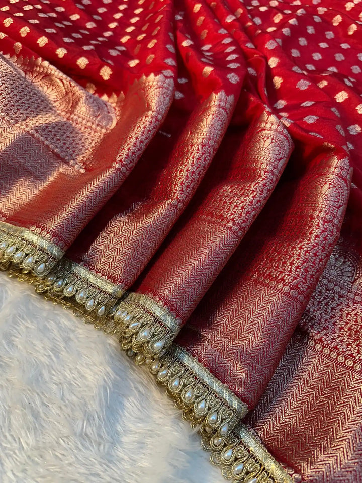 Bridal Red Chinia Silk Moti Lace Work Banarasi Saree