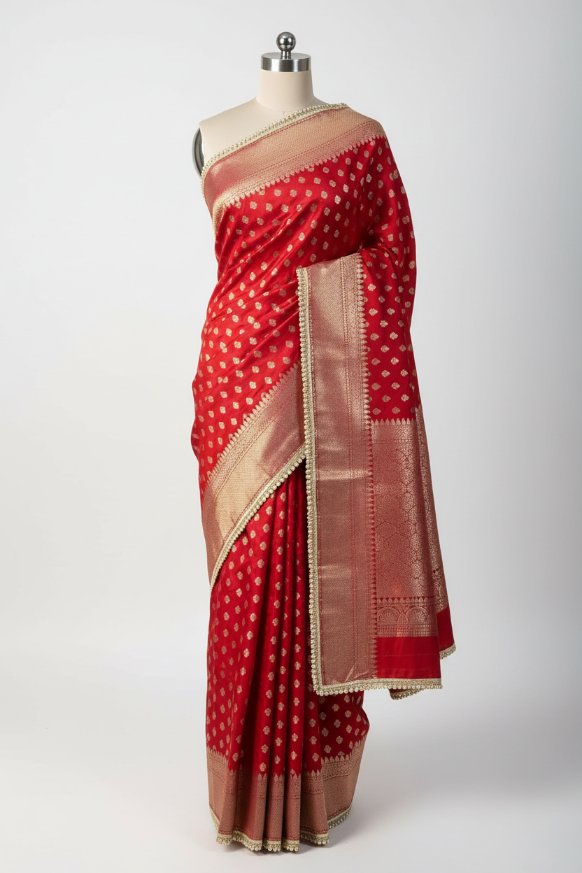 Bridal Red Chinia Silk Moti Lace Work Banarasi Saree