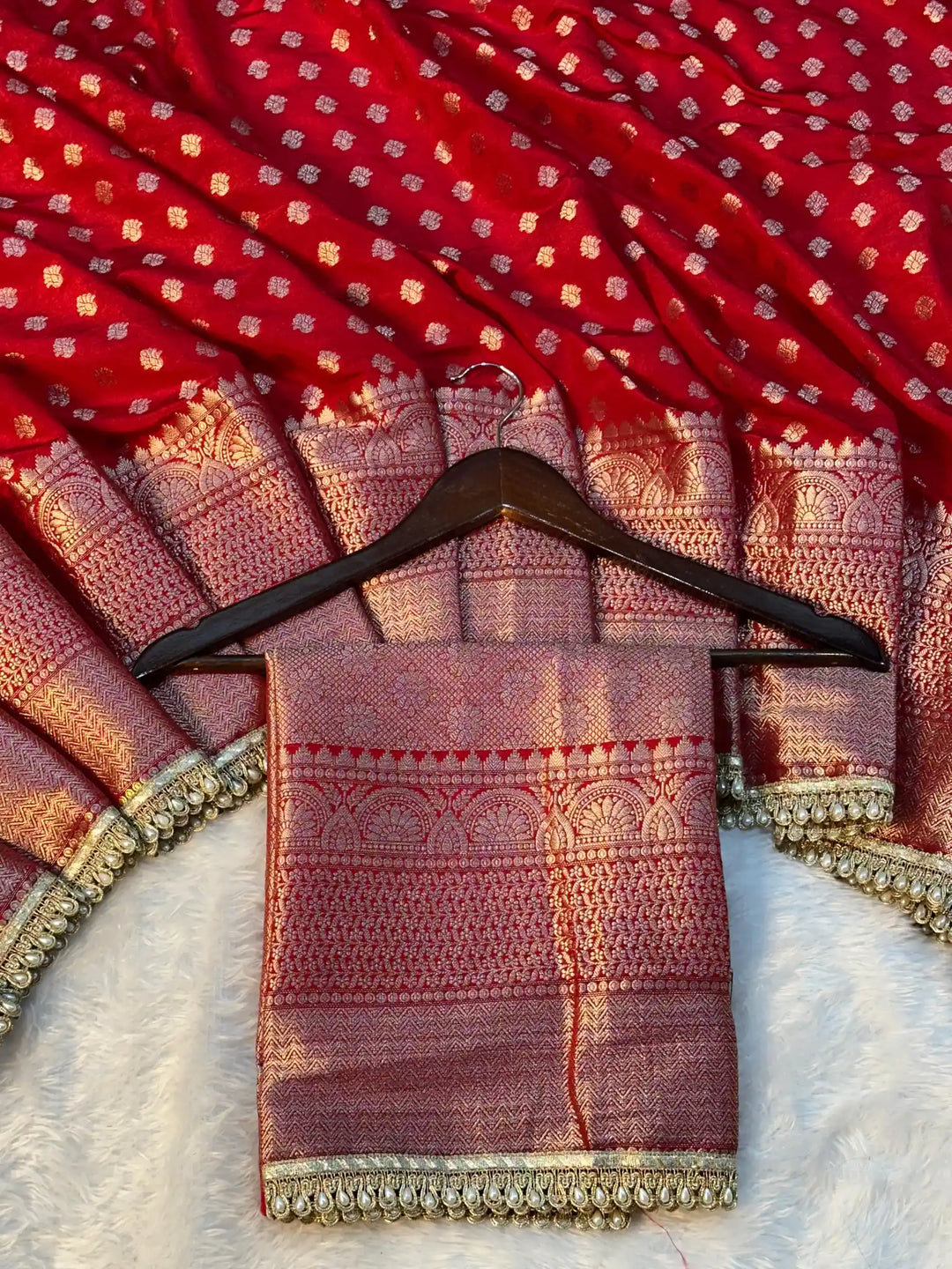 Bridal Red Chinia Silk Moti Lace Work Banarasi Saree