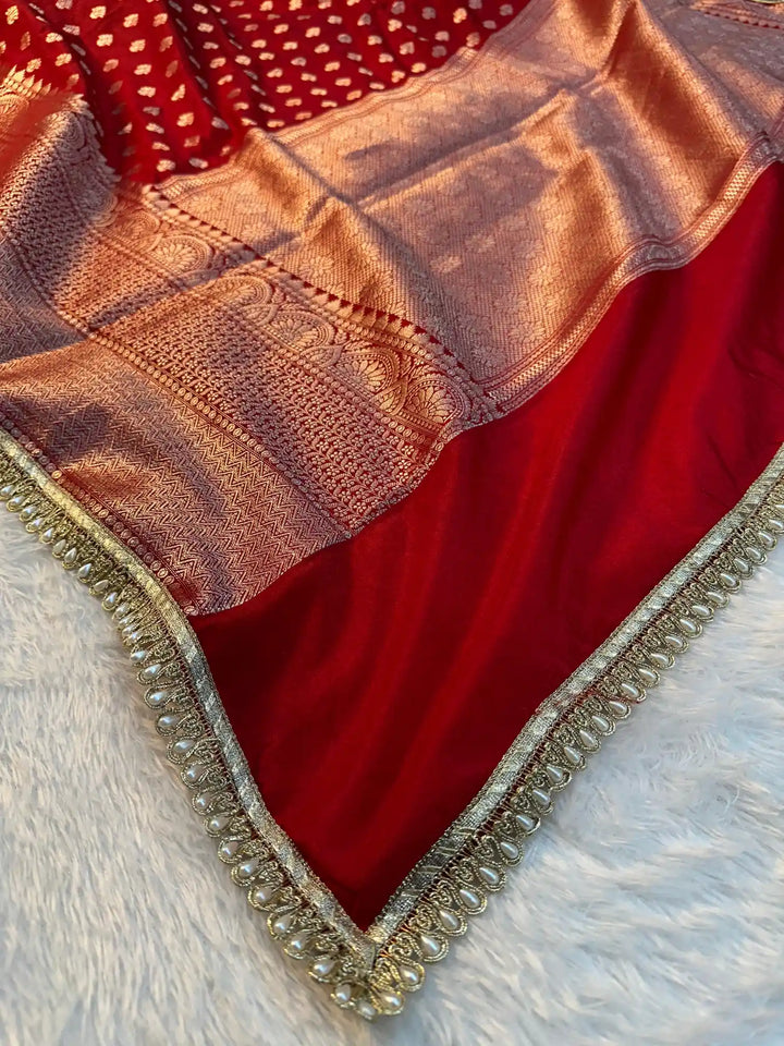 Bridal Red Chinia Silk Moti Lace Work Banarasi Saree