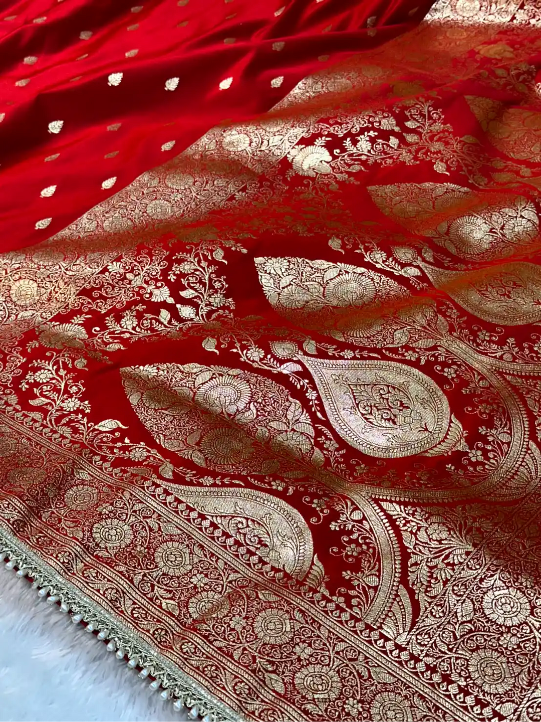 Bridal Red Satin Silk Moti Lace Work Banarasi Saree
