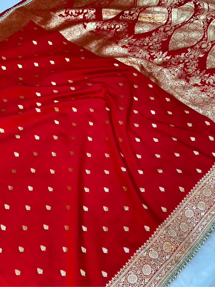 Bridal Red Shade Satin Silk Traditional Banarasi Saree with Premium Moti Lace Work