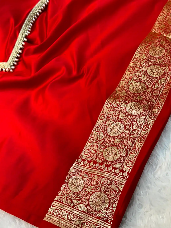 Bridal Red Satin Silk Moti Lace Work Banarasi Saree