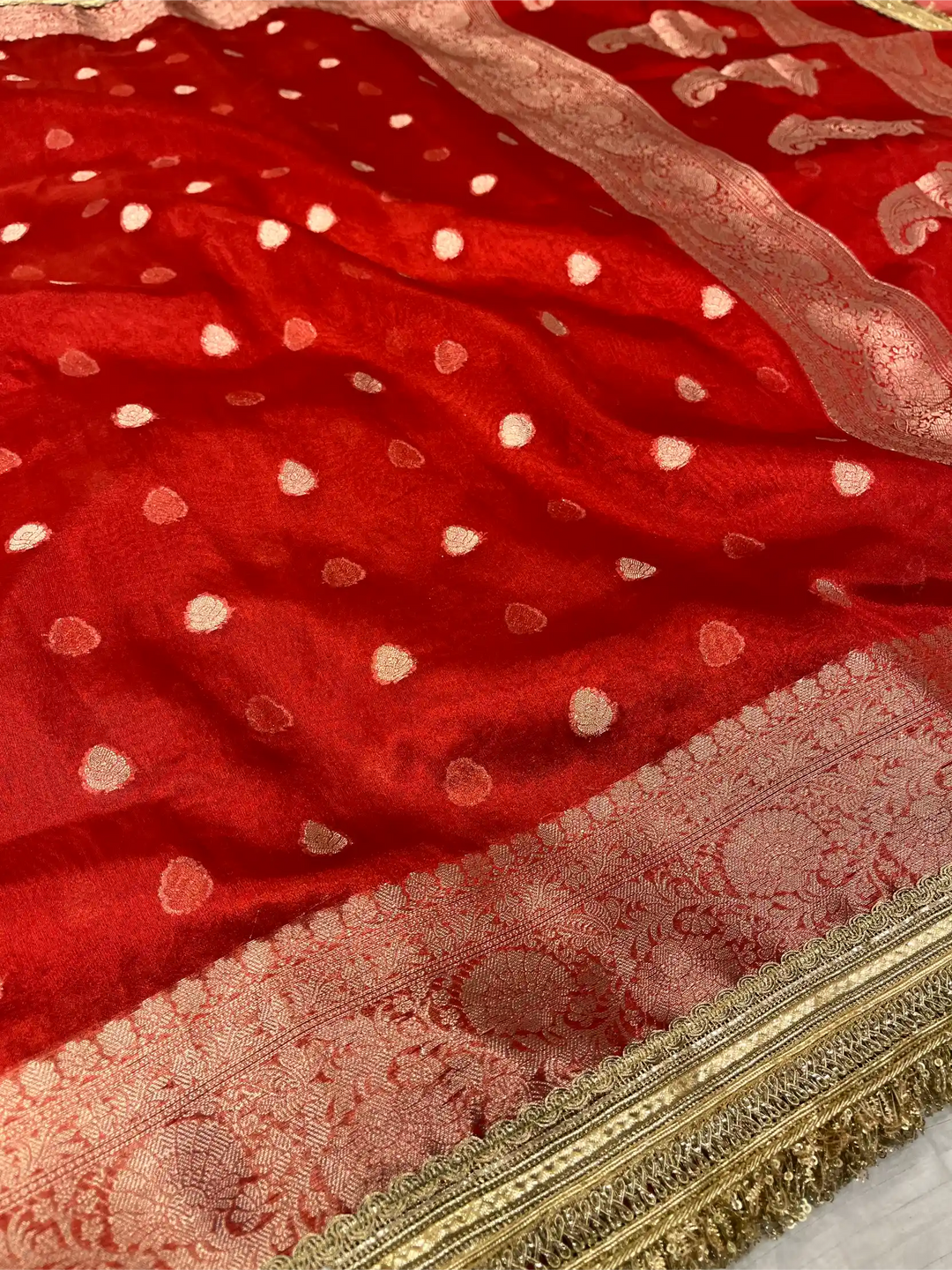 Bridal Red Tissue Silk Designer Lace Attached Banarasi Saree