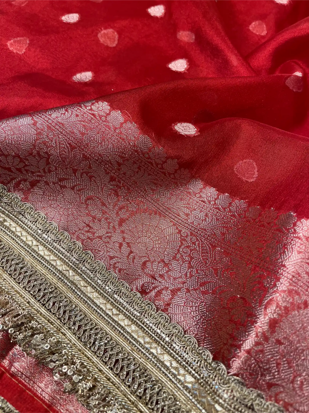 Bridal Red Tissue Silk Designer Lace Attached Banarasi Saree