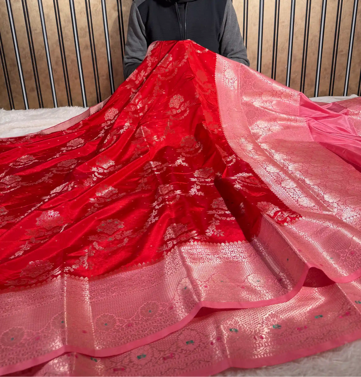 Bridal Red Viscose Chinia Silk Traditional Banarasi Saree