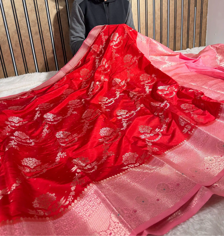 Bridal Red Viscose Chinia Silk Traditional Banarasi Saree