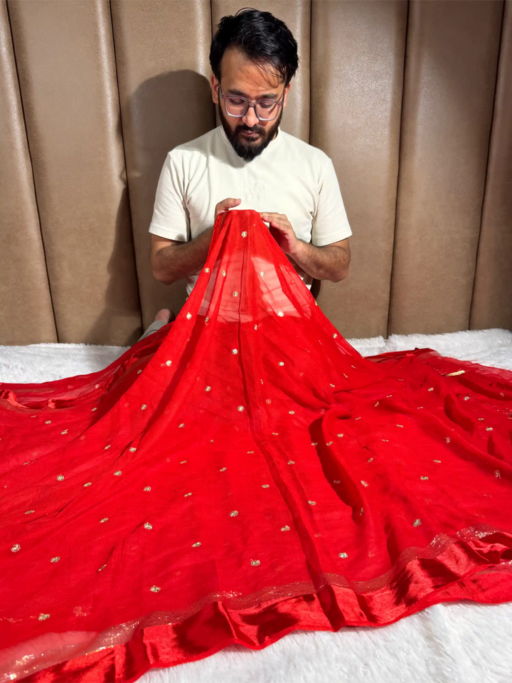 Bridal Red Viscose Georgette Silk Embroidered Saree