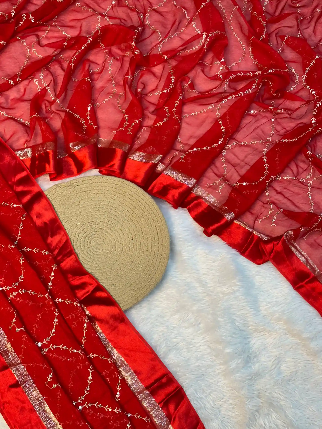 Bridal Red Viscose Georgette Silk Embroidered Saree