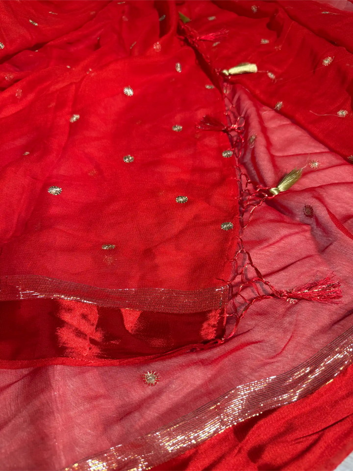 Bridal Red Viscose Georgette Silk Embroidered Saree