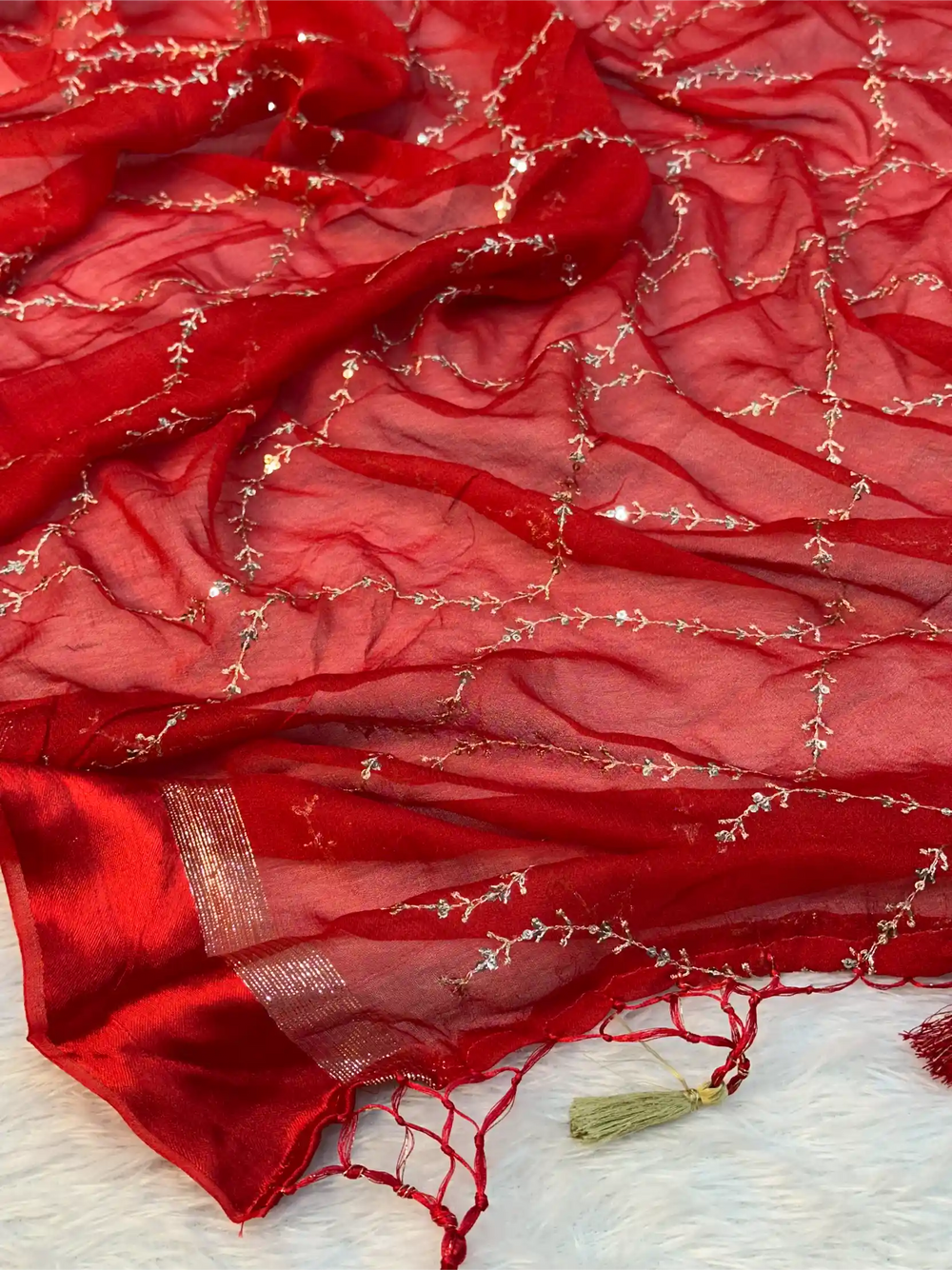 Bridal Red Viscose Georgette Silk Embroidered Saree