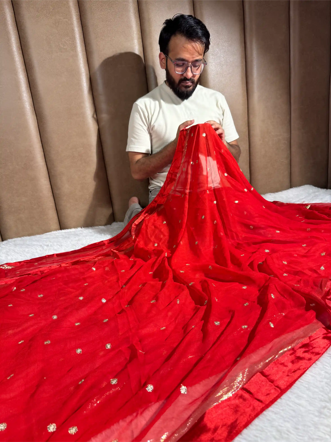 Bridal Red Viscose Georgette Silk Embroidered Saree