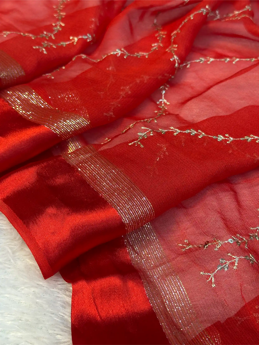 Bridal Red Viscose Georgette Silk Embroidered Saree