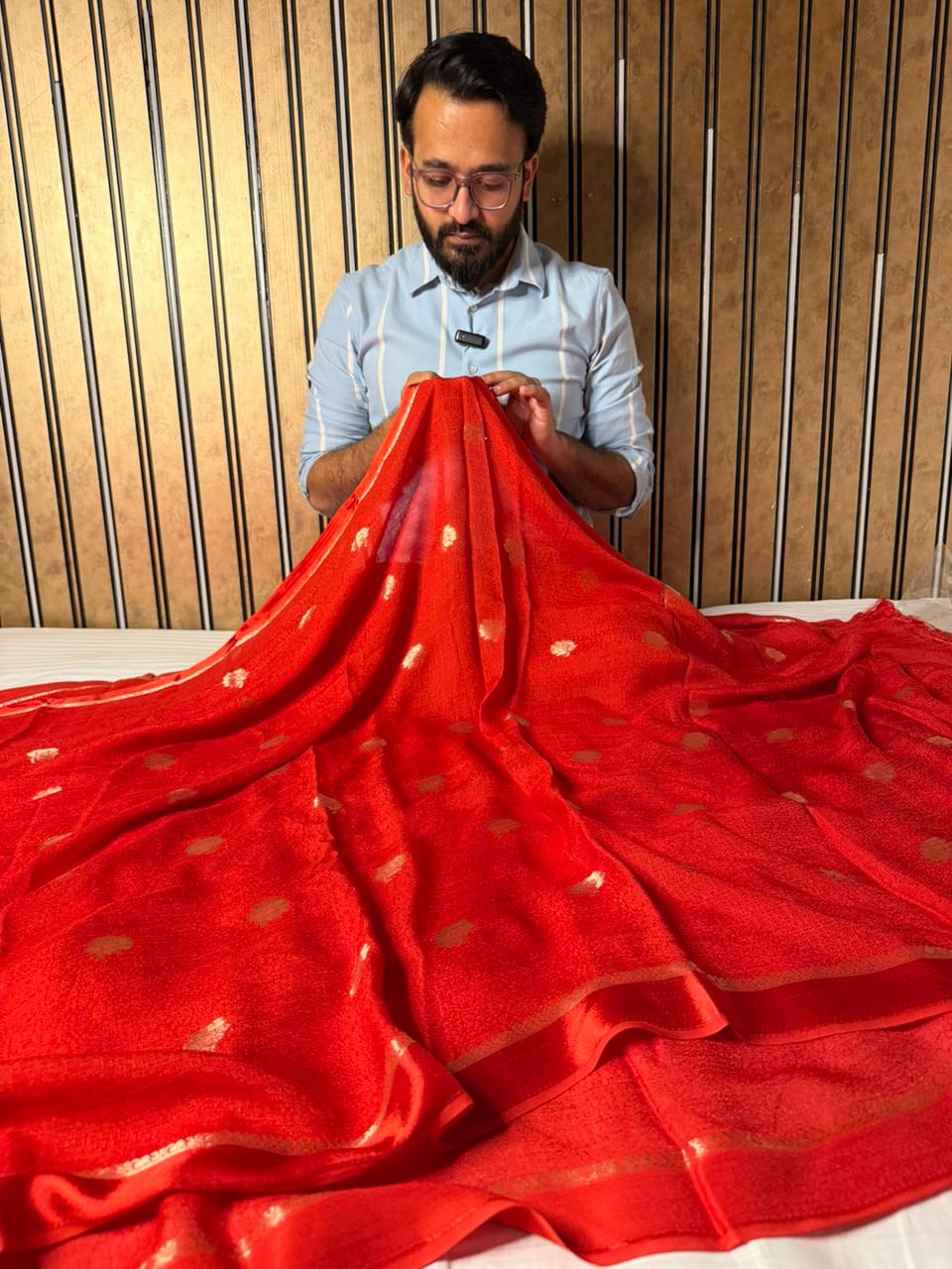 Bridal Red Viscose Georgette Silk Traditional Buta Banarasi Saree