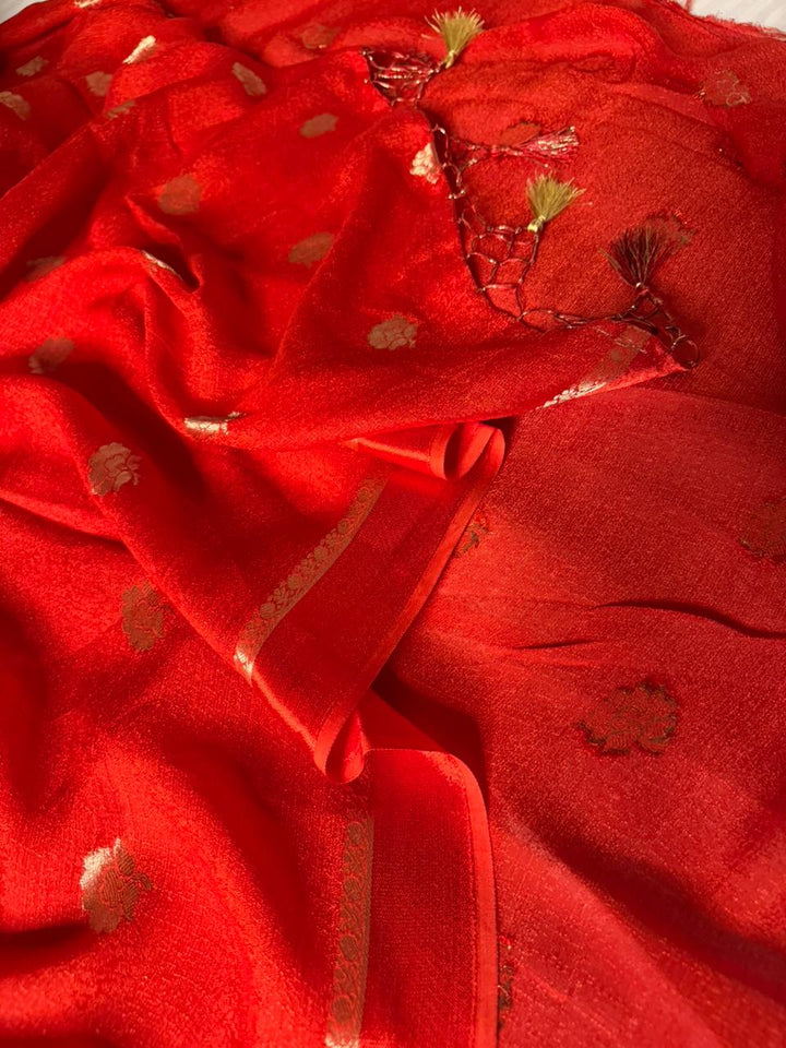 Bridal Red Viscose Georgette Silk Traditional Buta Banarasi Saree