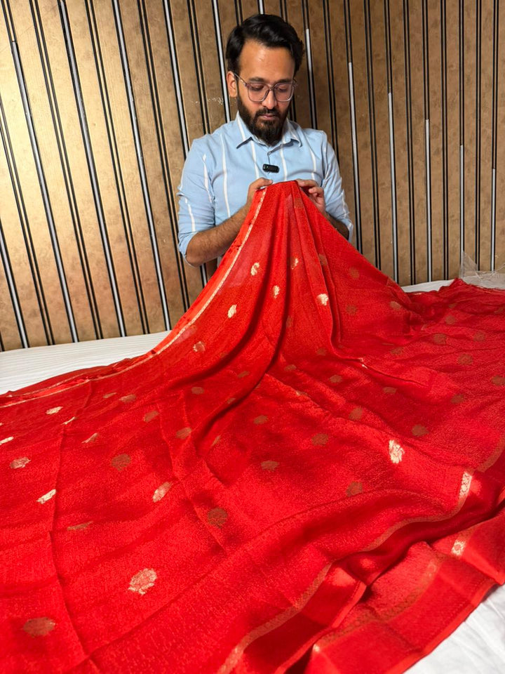 Bridal Red Viscose Georgette Silk Traditional Buta Banarasi Saree