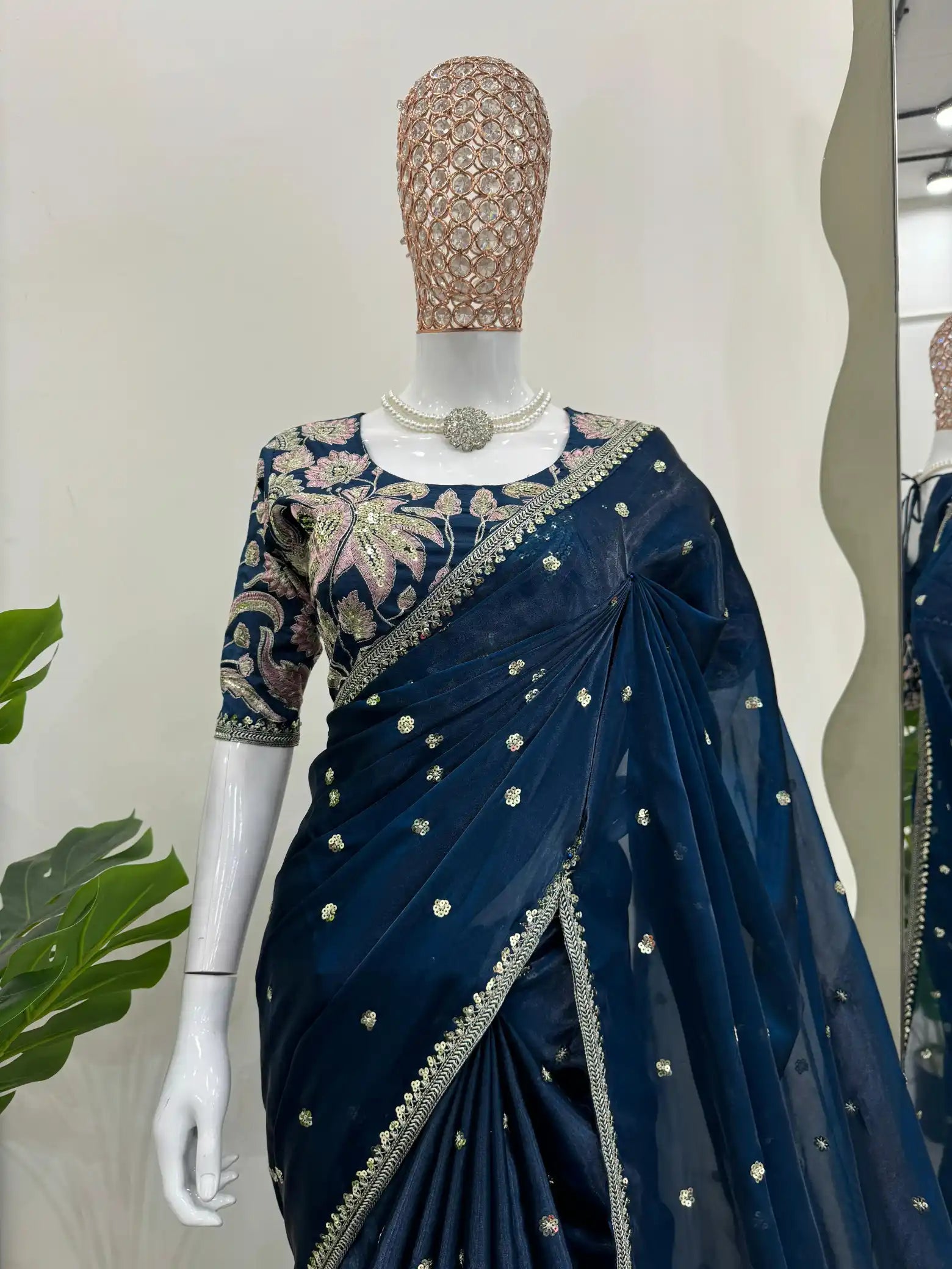 Bridal Blue Shimmery Organza Designer Saree