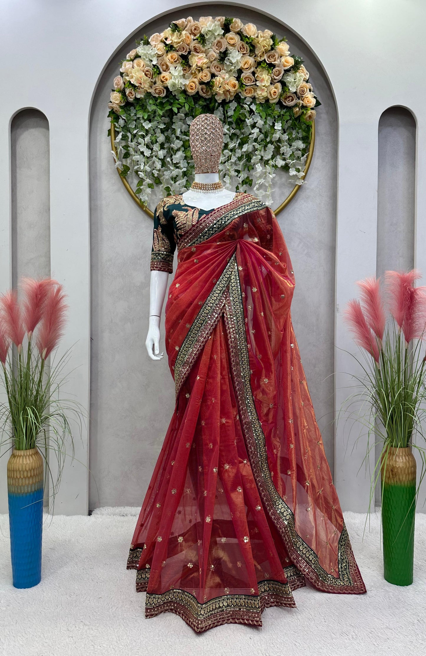 Bridal Peach Orange Shimmery Tissue Designer Saree