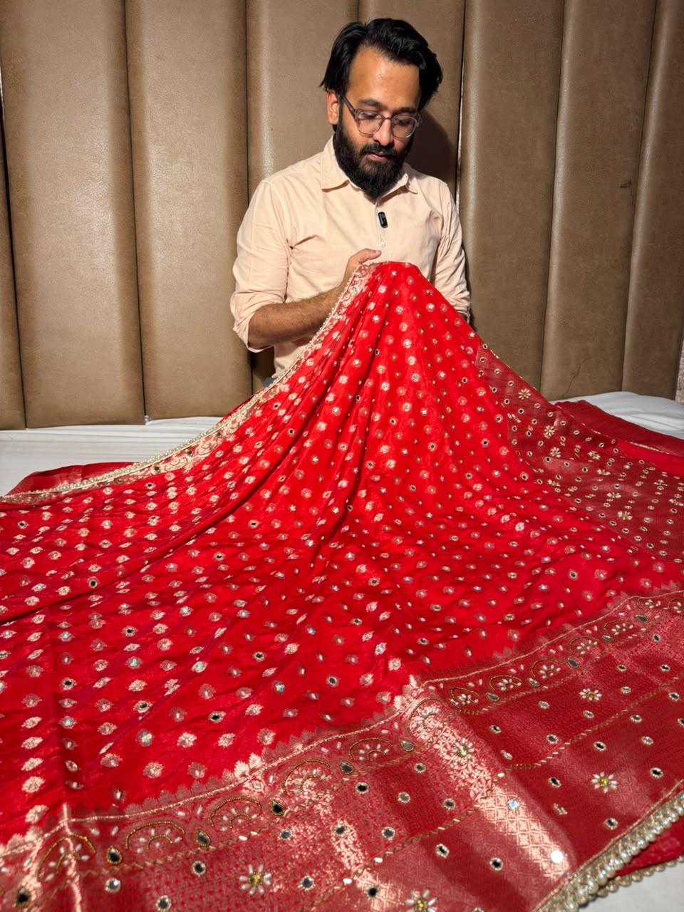 Bridal Red Chinia Silk Banarasi Mirror Work Saree