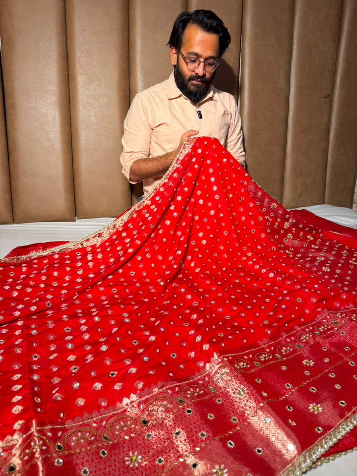 Bridal Red Chinia Silk Banarasi Mirror Work Saree