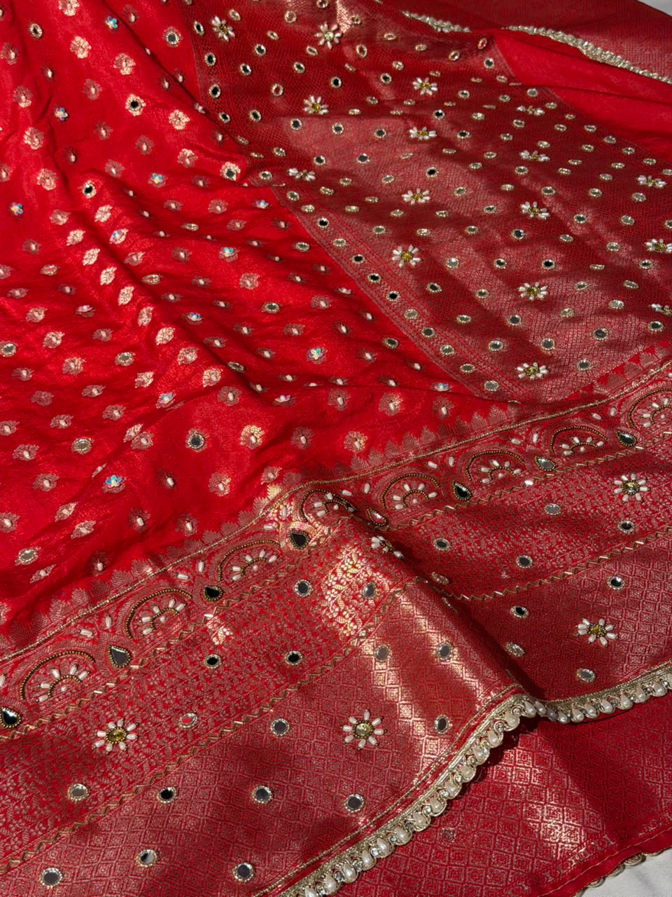 Bridal Red Chinia Silk Banarasi Mirror Work Saree
