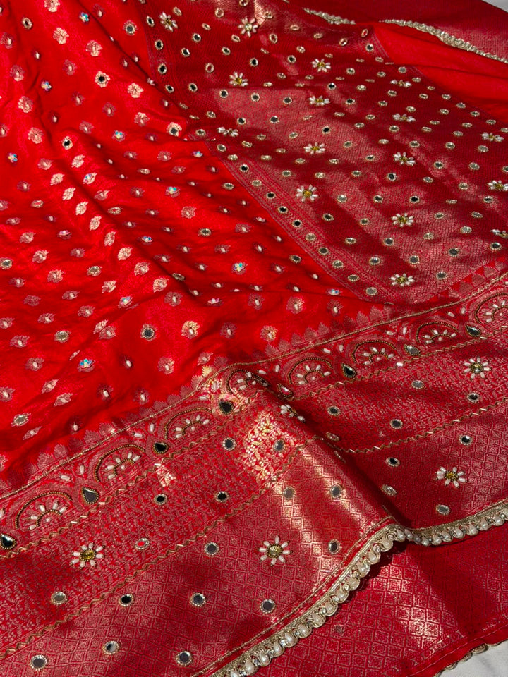 Bridal Red Chinia Silk Banarasi Mirror Work Saree