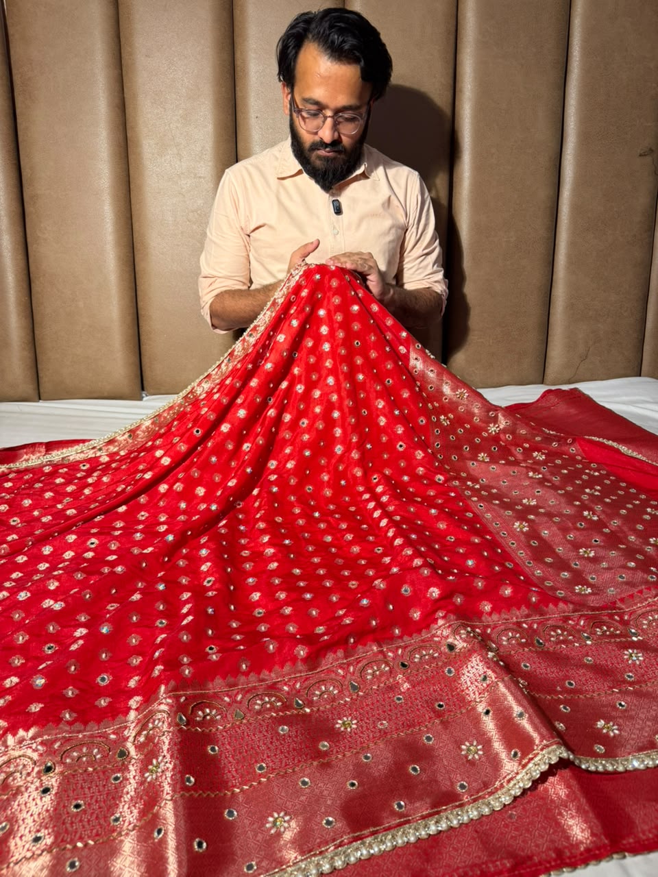 Bridal Red Chinia Silk Banarasi Mirror Work Saree