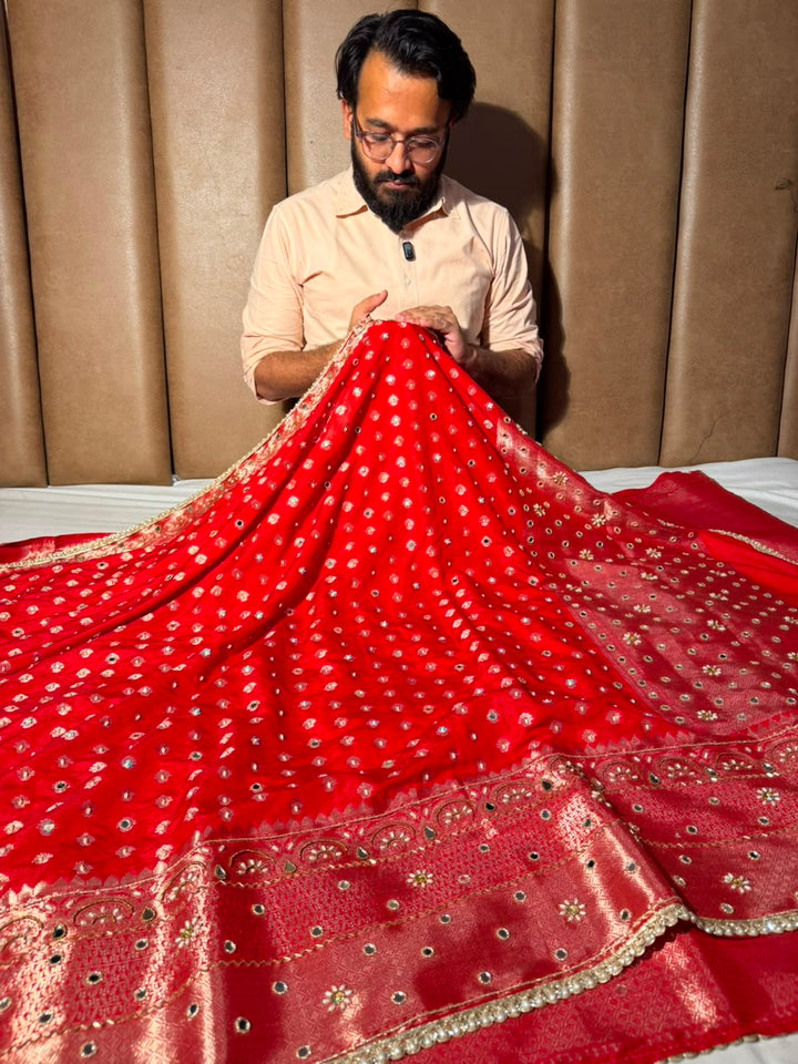 Bridal Red Chinia Silk Banarasi Mirror Work Saree
