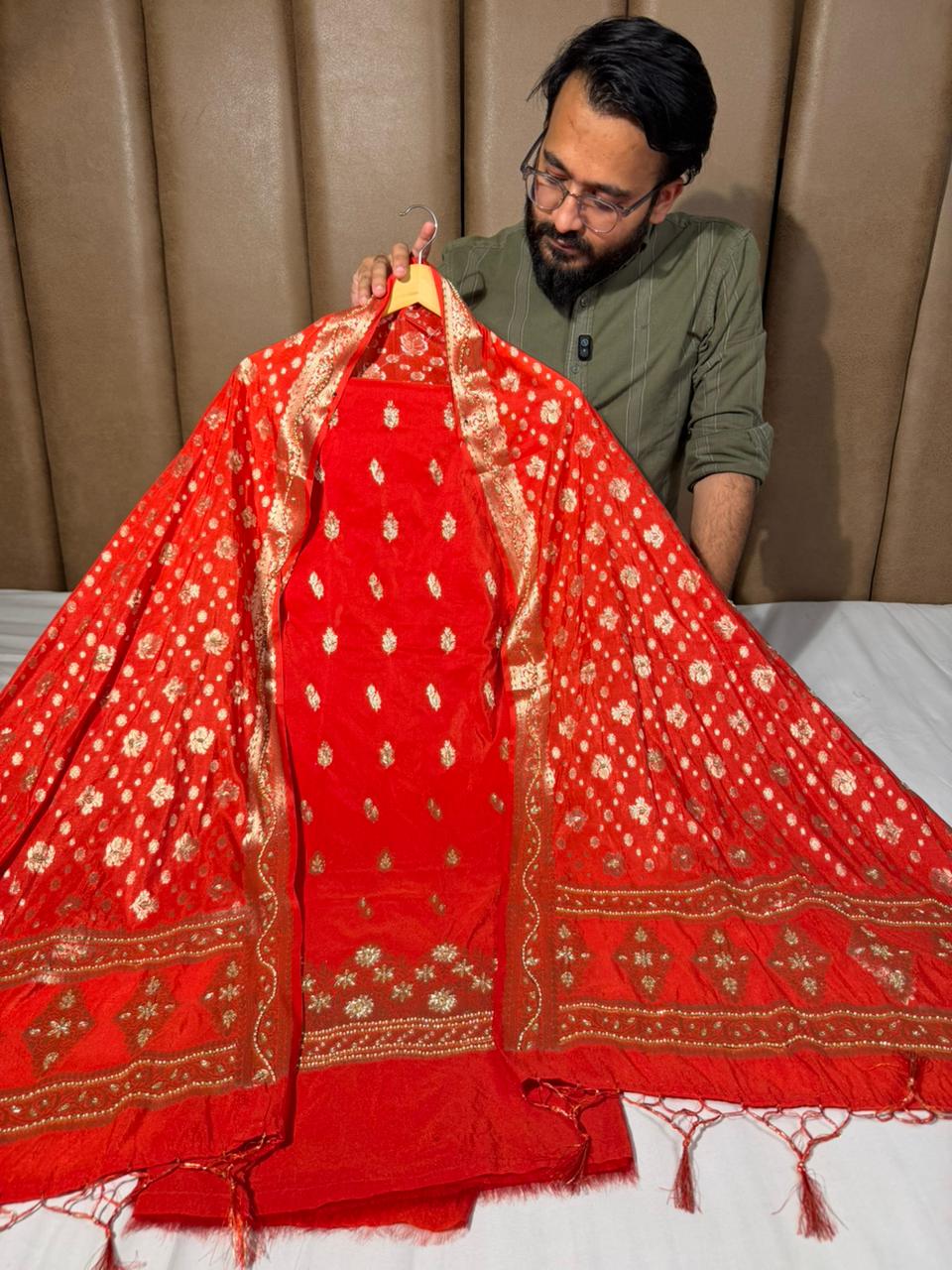 Bridal Red Chinia Silk Premium Handwork Suit