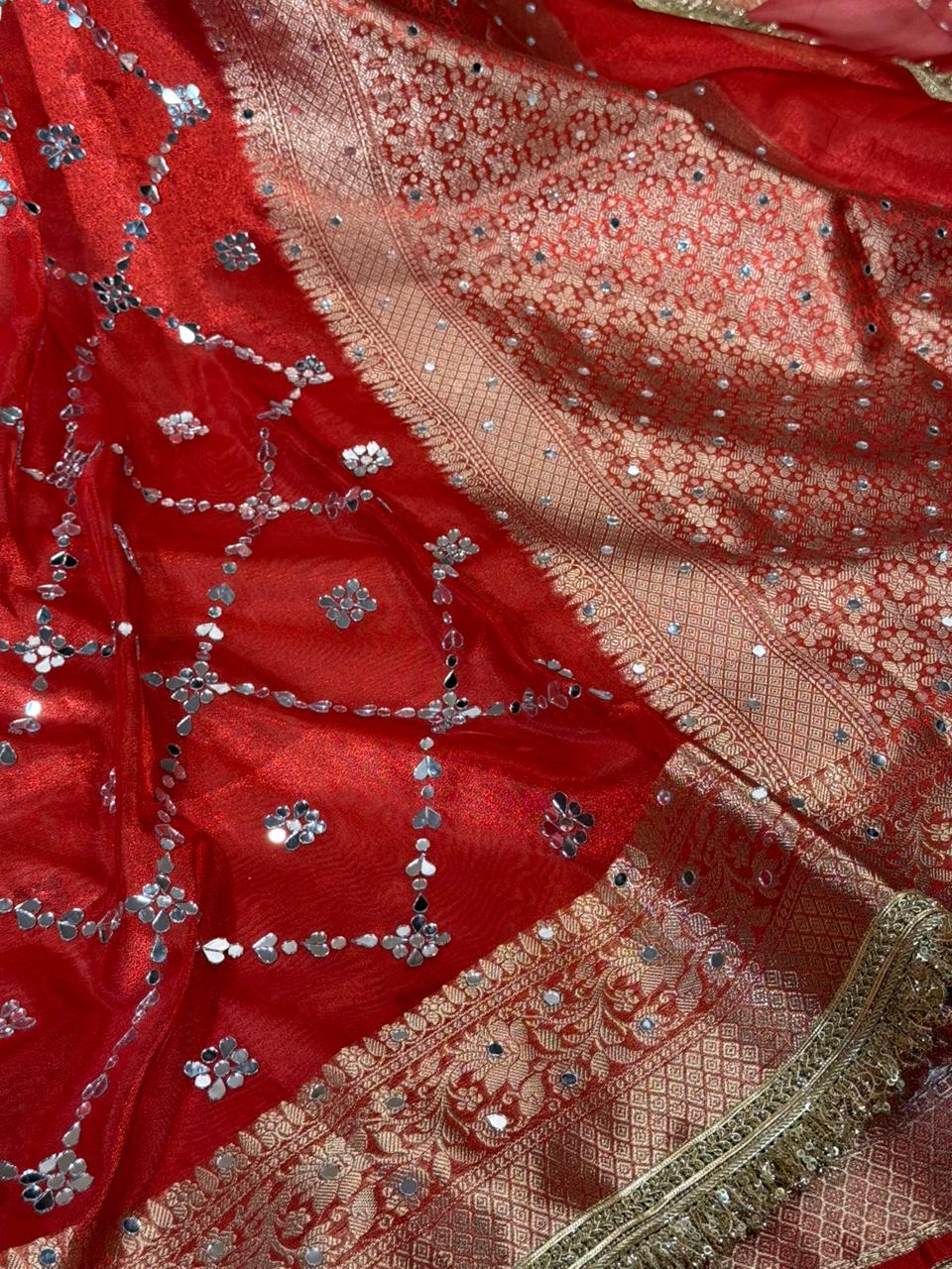 Bridal Red Kora Tissue Mirror Work Banarasi Saree