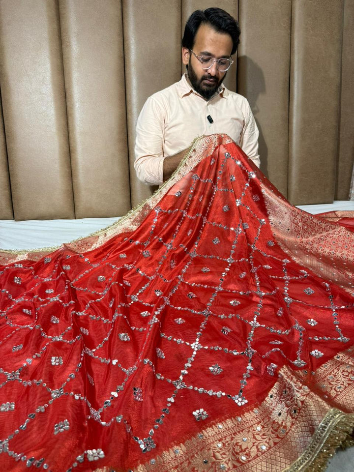 Bridal Red Kora Tissue Mirror Work Banarasi Saree
