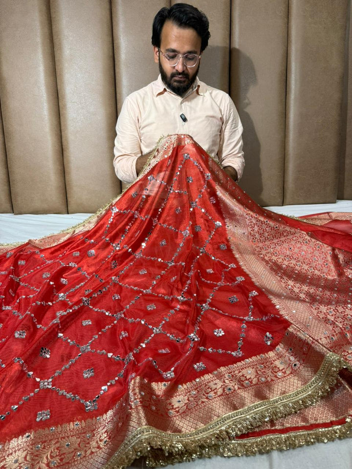 Bridal Red Kora Tissue Mirror Work Banarasi Saree