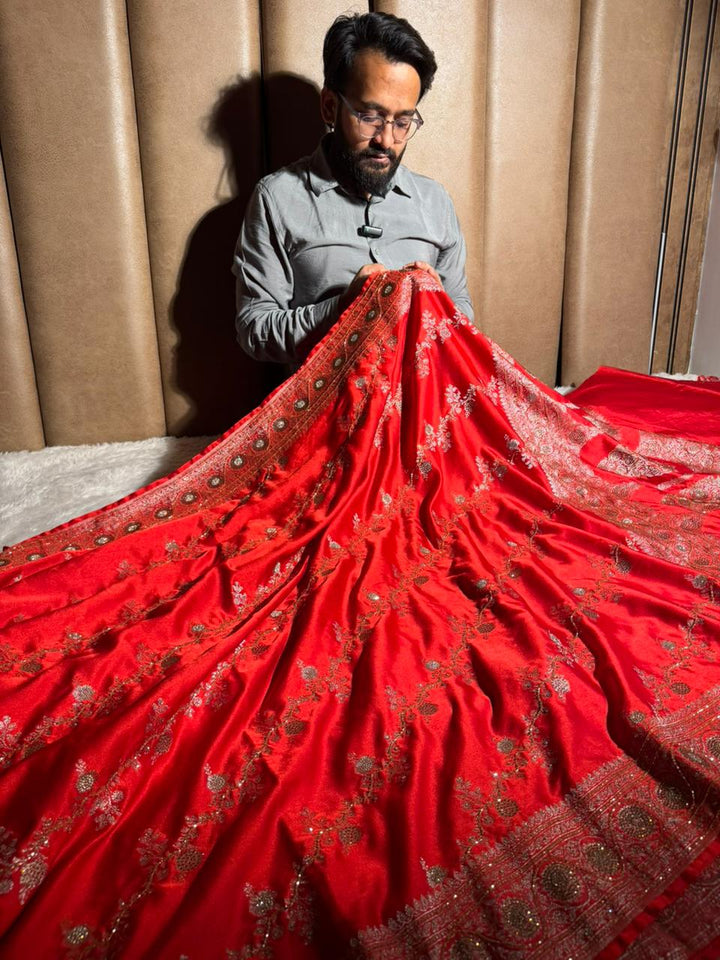 Bridal Red Mashru Katan Silk Swarovski Handwork Saree