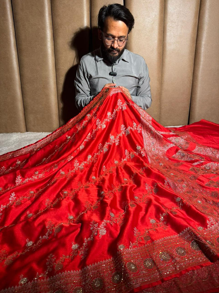 Bridal Red Mashru Katan Silk Swarovski Handwork Saree