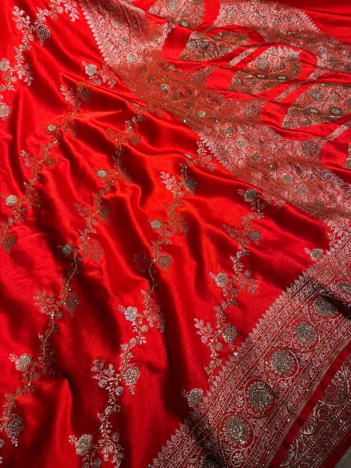 Bridal Red Mashru Katan Silk Swarovski Handwork Saree