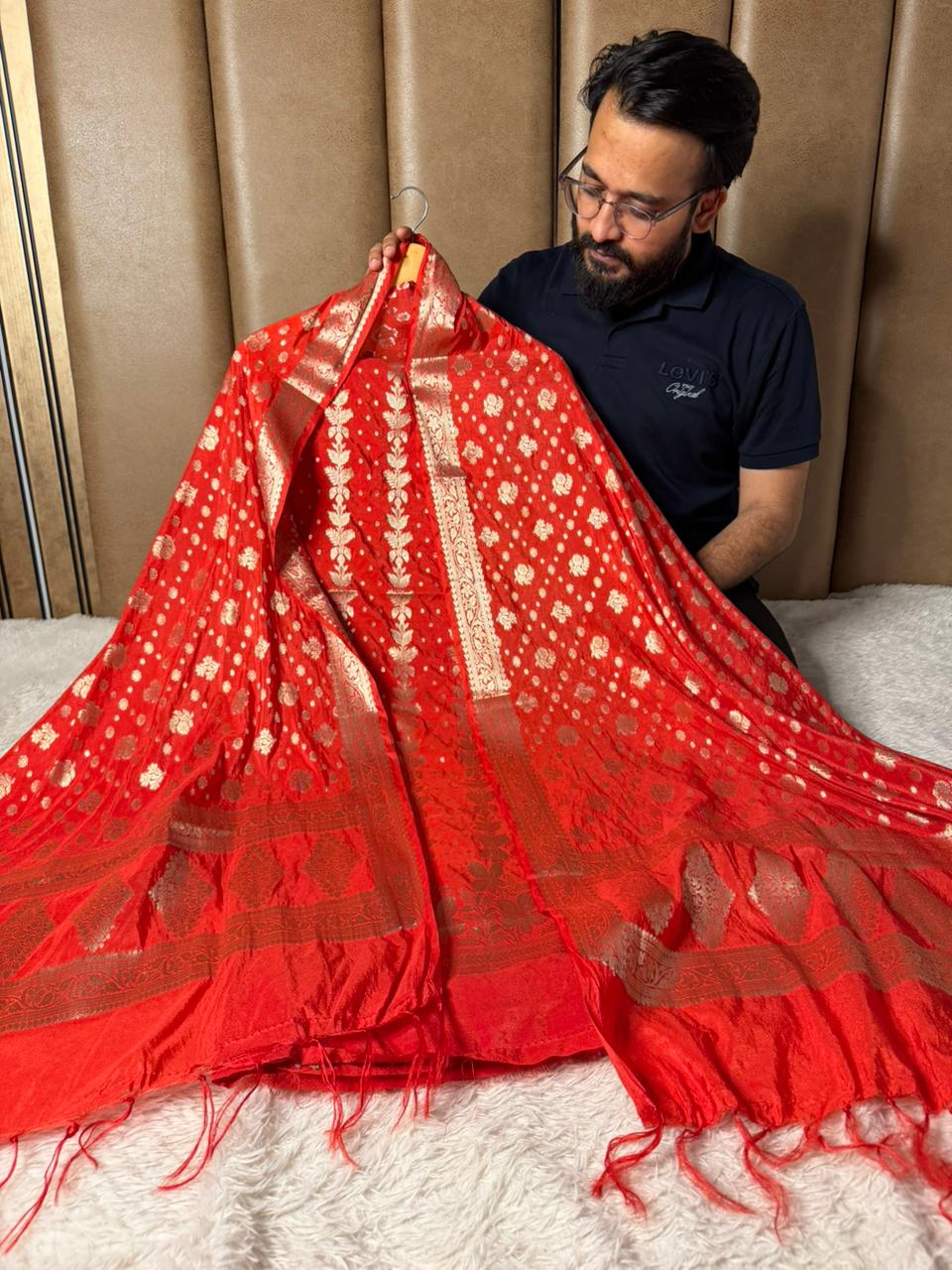Bridal red chinia silk 3 pcs banarasi suit  2499