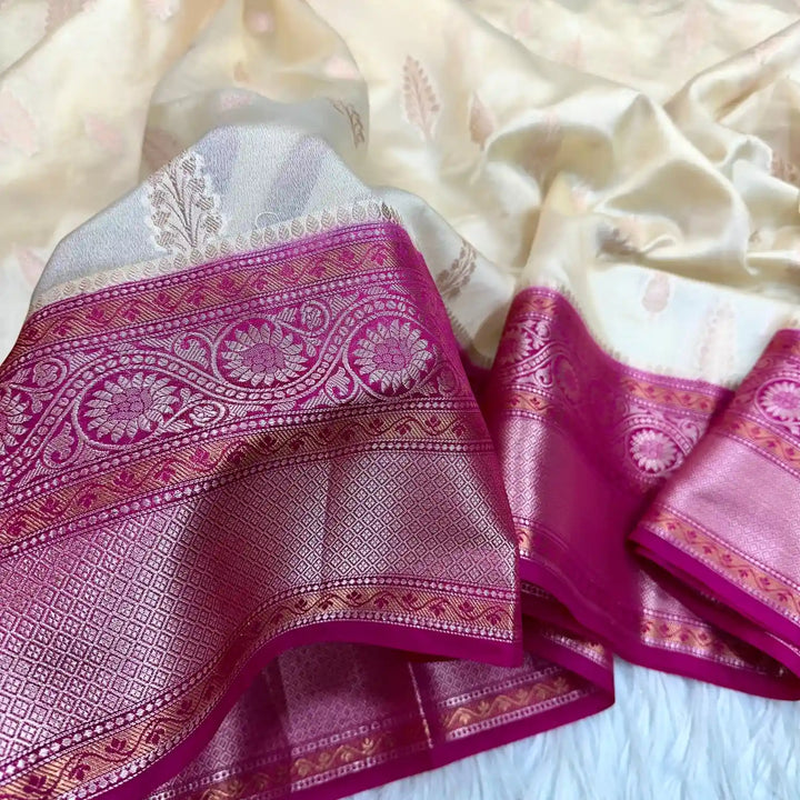 Bright Cream Chinia Silk With Contrast Border