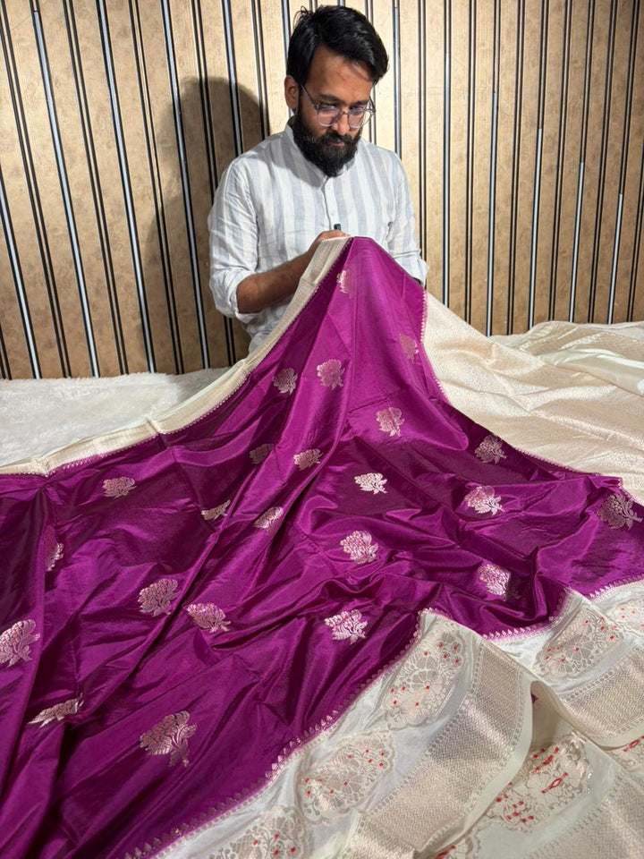 Bright Majenta premium Chinia silk Banarasi saree 
