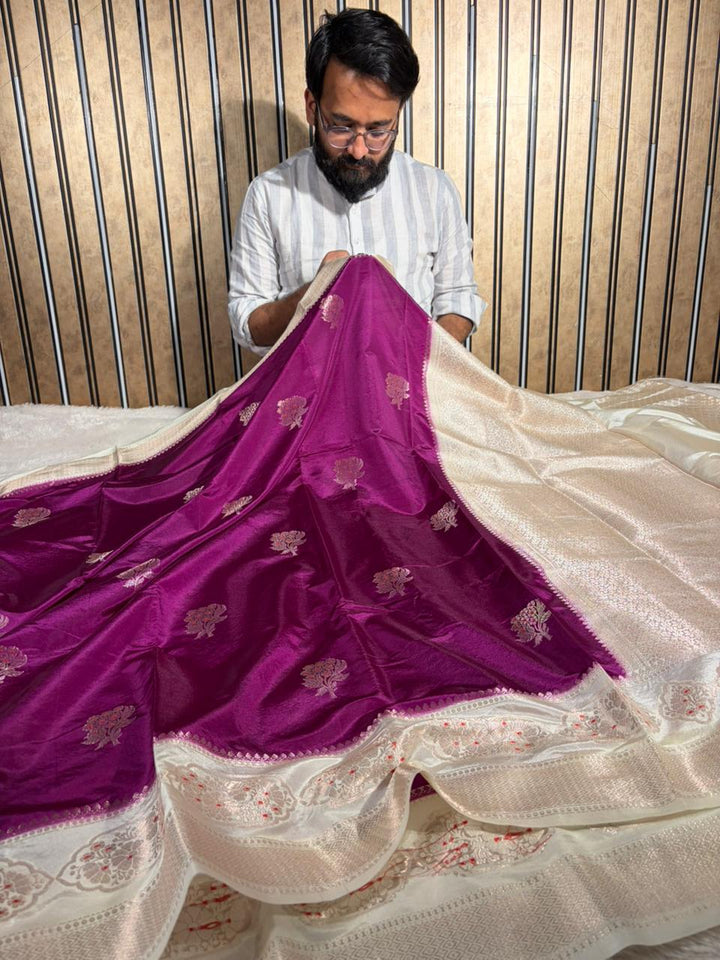 Bright Majenta premium Chinia silk Banarasi saree 
