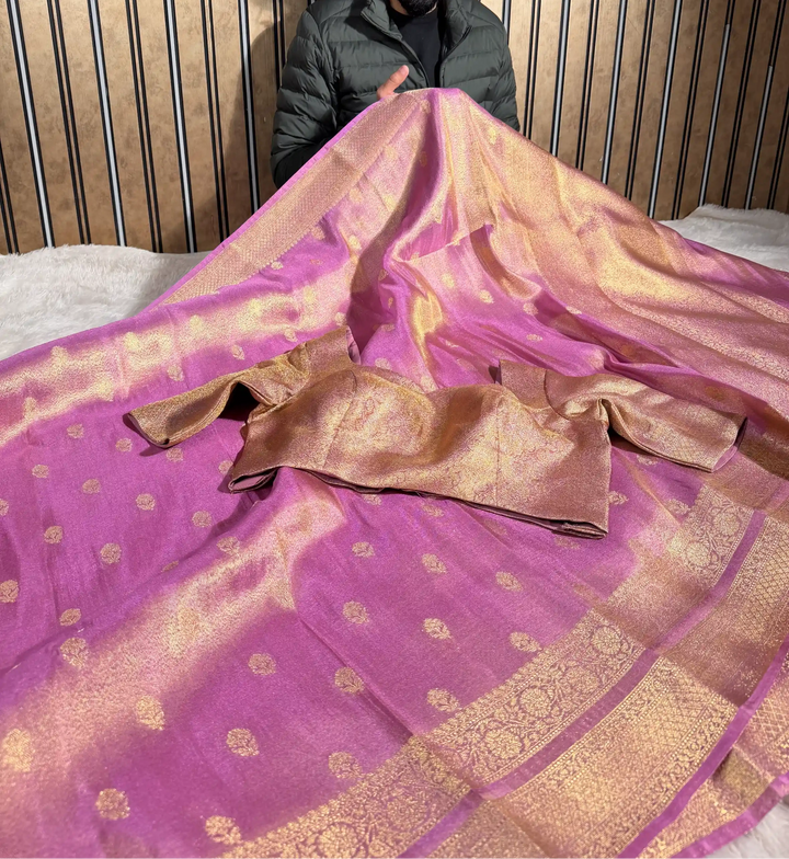 Bright Metallic Lavenderish Breathable Tissue Silk Traditional Weave Banarasi Saree