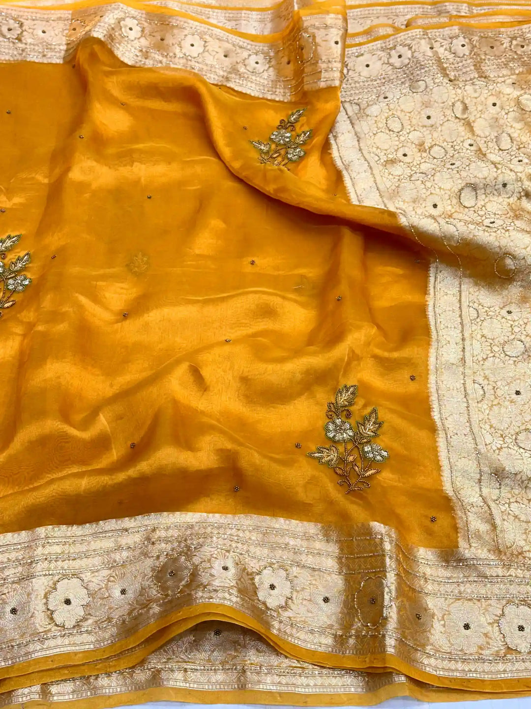 Bright Mustard Premium Handwork Pure Tissue Silk Banarasi Saree