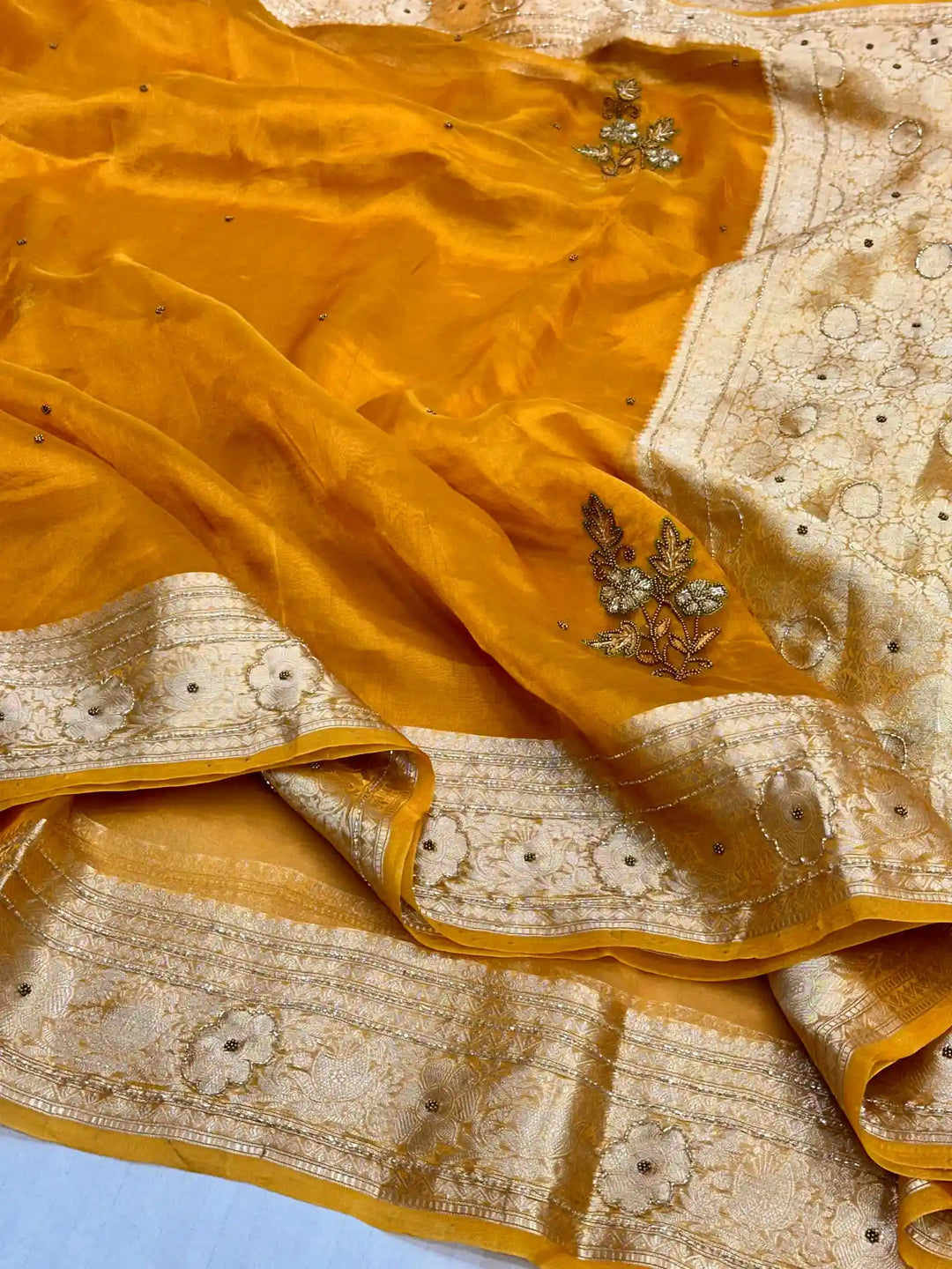 Bright Mustard Premium Handwork Pure Tissue Silk Banarasi Saree