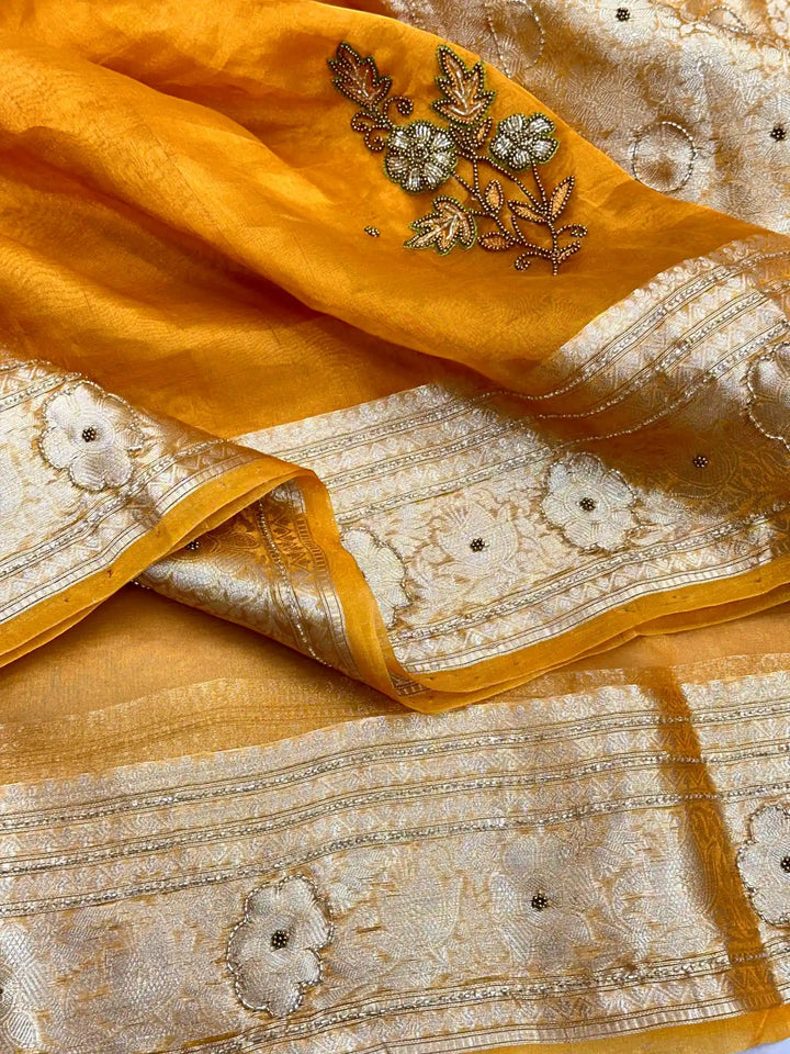 Bright Mustard Premium Handwork Pure Tissue Silk Banarasi Saree